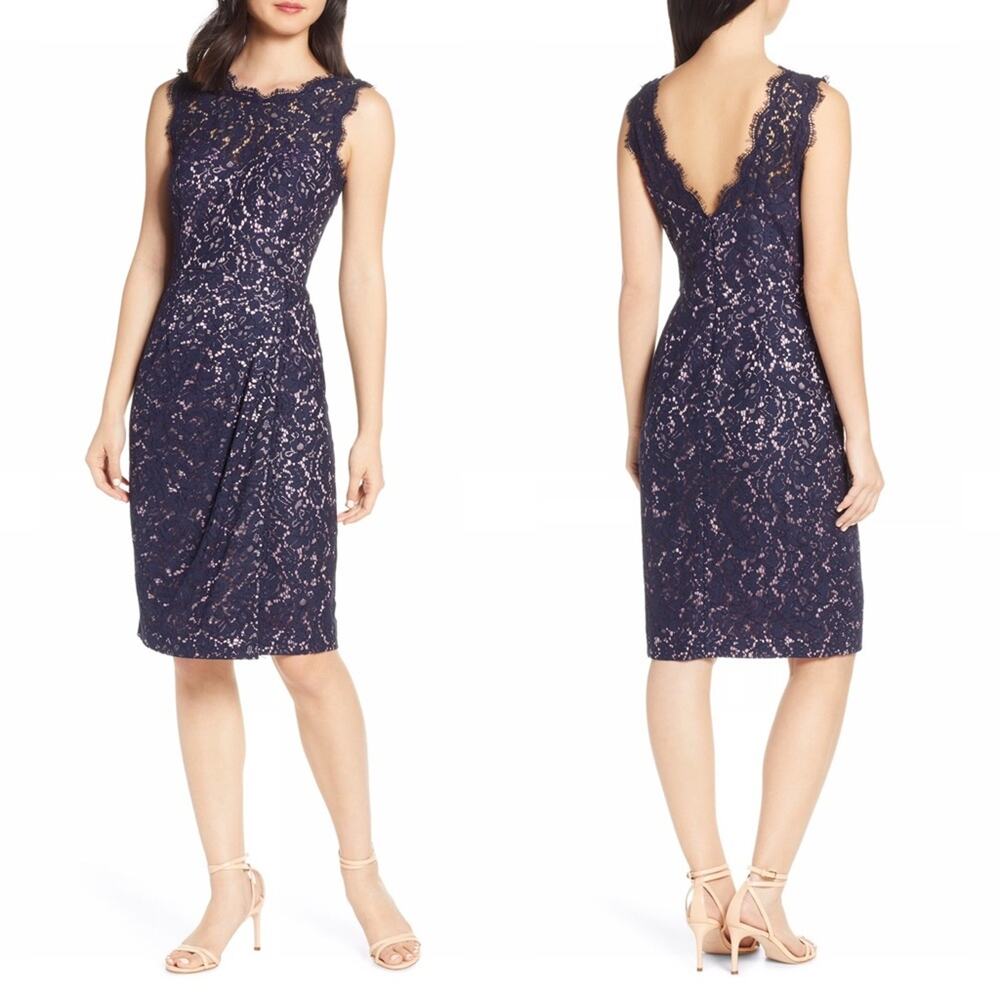 Eliza J Embroidered Lace Sheath Dress Navy Blue